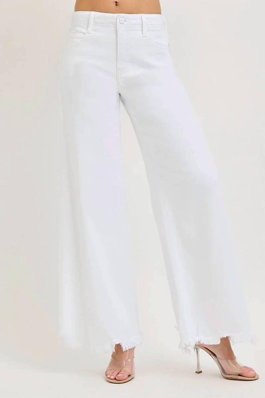 NEW RISEN tummy control palazzo frayed hem jean in white